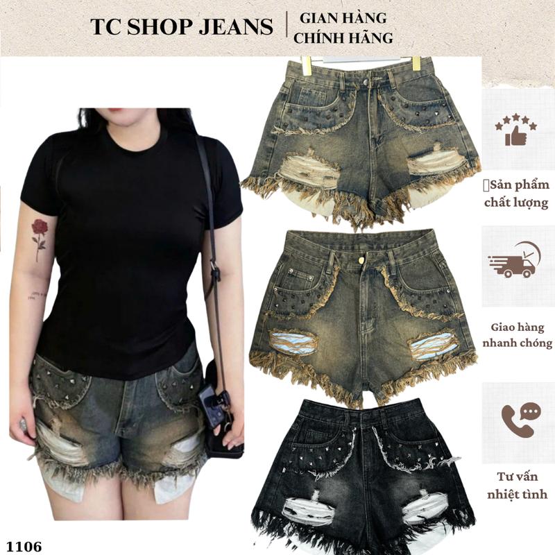 Quần jeans đùi nữ túi lòi rách viền đinh BIZE bigsize 55-90kg đi chơi, concert MS 1106