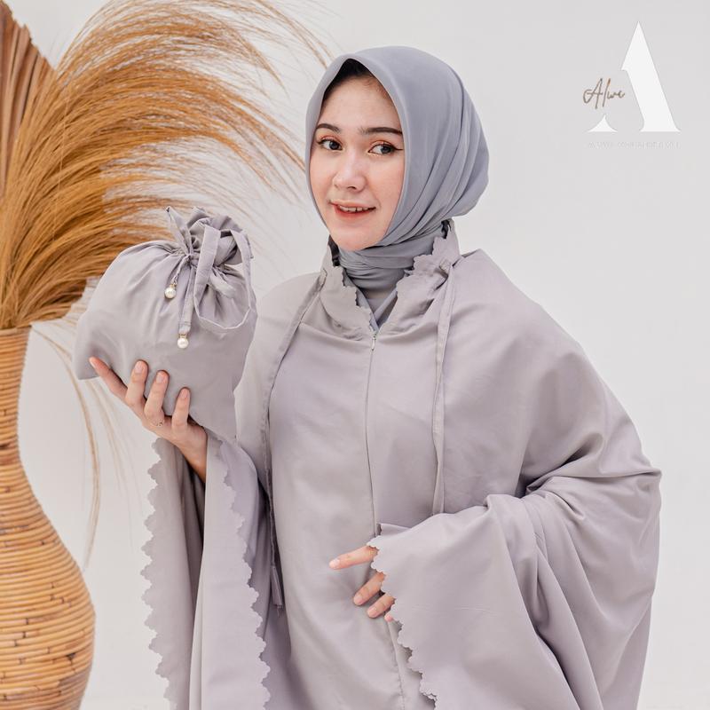 Mukena Dewasa Traveling Mini Alwi Series Free Tas Pouch Serut Mutiara Atasan Bawahan Panjang Katun Lembut mukenah  Muslim resleting 5