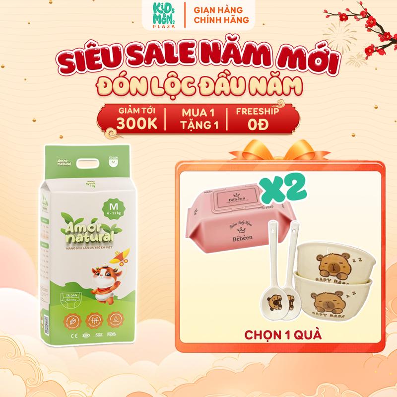   1A   TẶNG 2 BỊCH KHĂN ƯỚT BEBEEN HỒNG BỘ BÁT SỨ KÈM THÌA  COMBO 1 BỊCH tã bỉm quần dán Amor Natural mỏng thoáng ngừa hăm size NB tới 4XL 