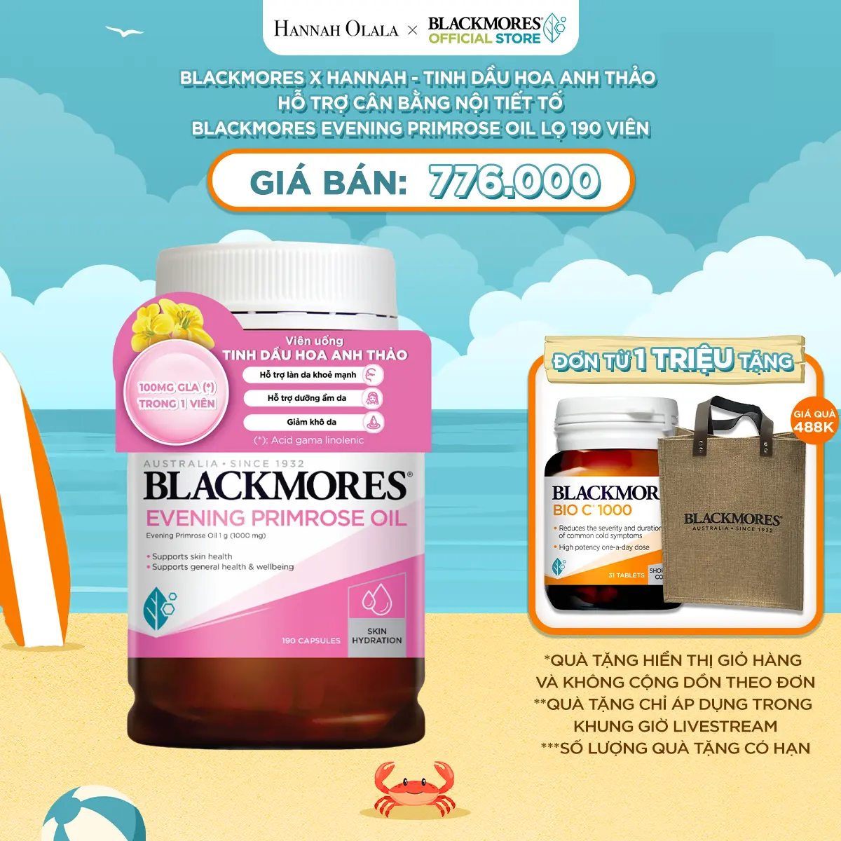 Blackmores x Hannah - Tinh Dầu Hoa Anh Thảo Hỗ Trợ Cân Bằng Nội Tiết Tố BLACKMORES Evening Primrose Oil Lọ 190 Viên.