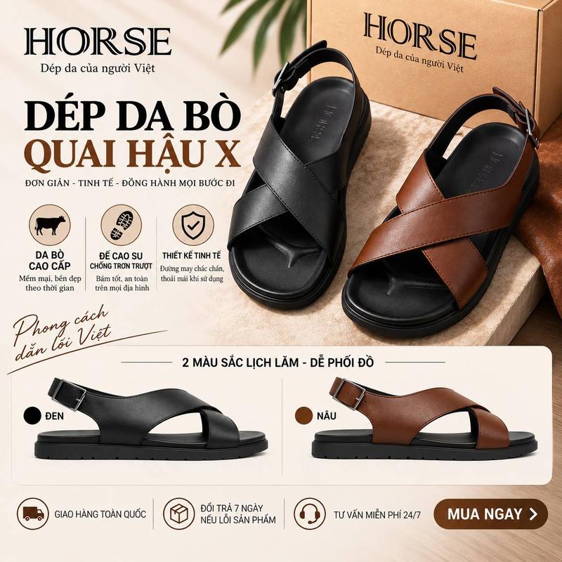 - Dép Da Bò Quai Hậu Quai Chéo Thời Trang Nam Nữ, Đế Cao Su , Lót Đế Êm, 2 Màu Đen Nâu - QHX02.