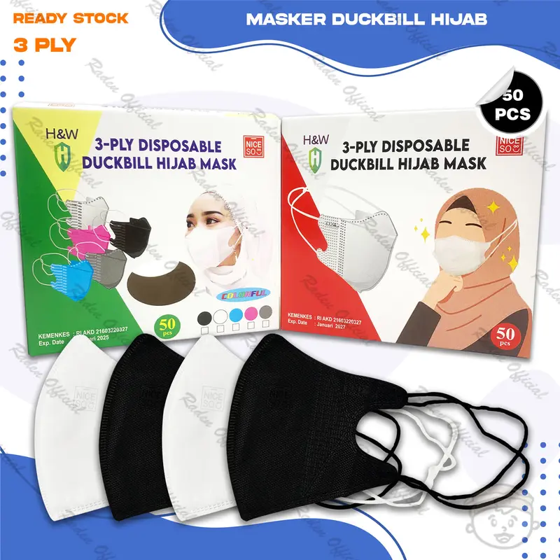 Masker Duckbil Hijab 3Ply isi 50Pcs Putih Hitam Abu White Black Grey Warna Duckbill Headloop Surgical Mask Kemenkes Dewasa Tali Elastis Warna Warni 1