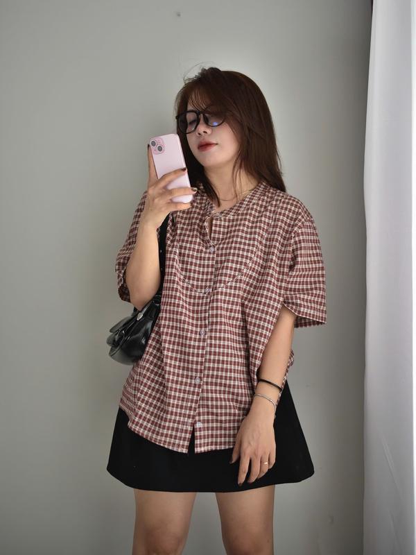 SƠ Mi FORM RỘNG Áo sơ mi ngắn tay cổ đúc hoạ tiết caro đỏ bigsize 80kg