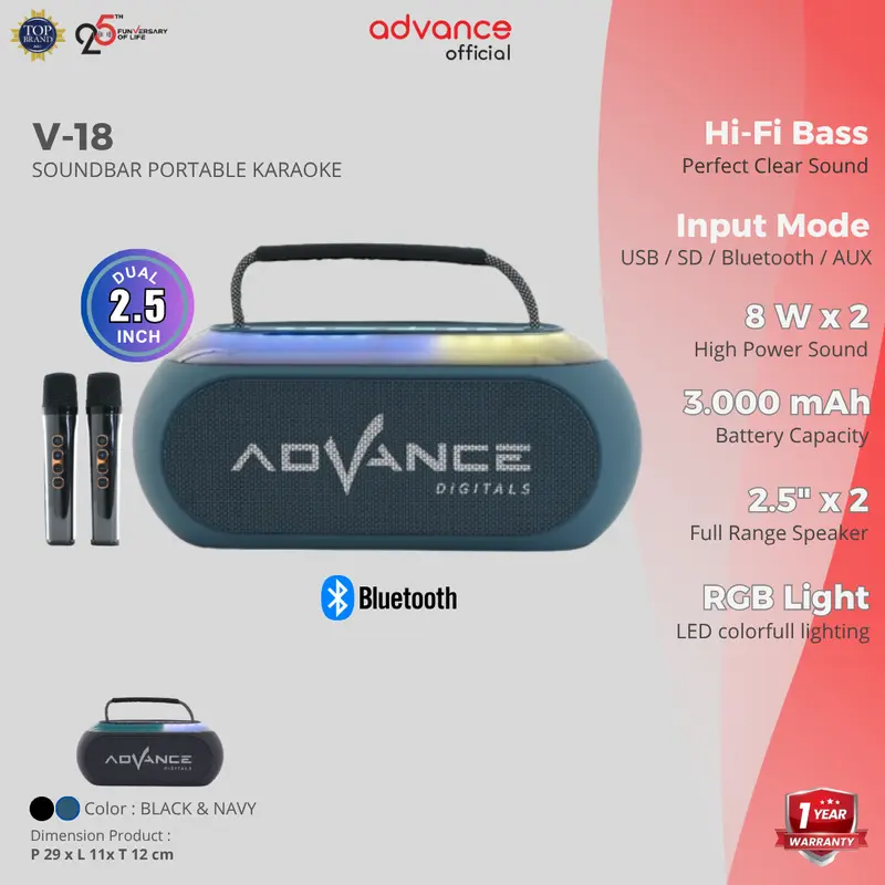 【COD】Advance V-18 Speaker Lampu RGB Karaoke Bass Plus 2 Mic Wireless Bluetooth Speaker USB Speaker Komputer Speaker Aestetik Garansi 1 Tahun Speaker Hi-fi Sound Speaker Murah 0