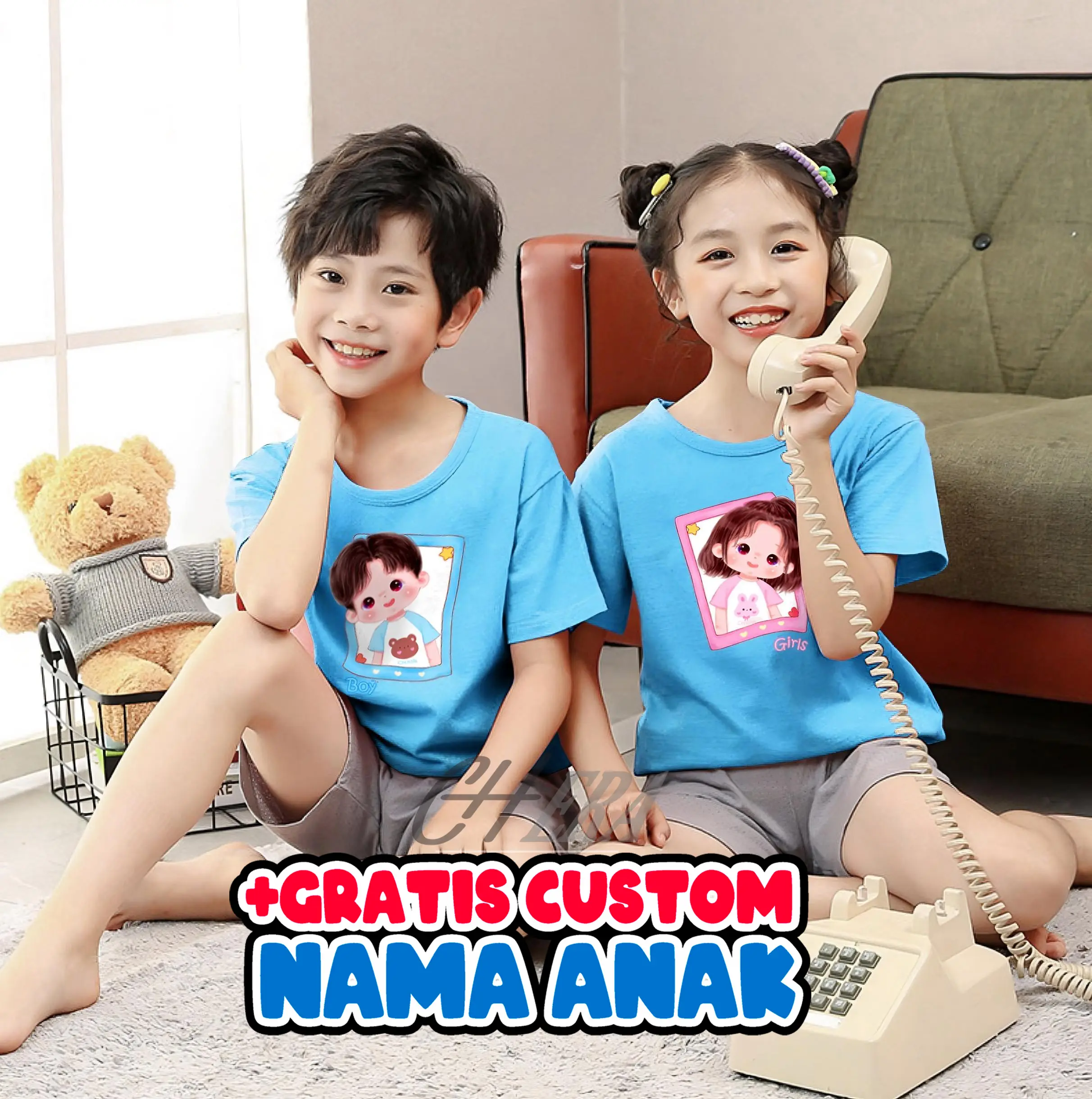 kaos anak couple adik kakak gratis nama bahan katun usia 1-14 thn Combed