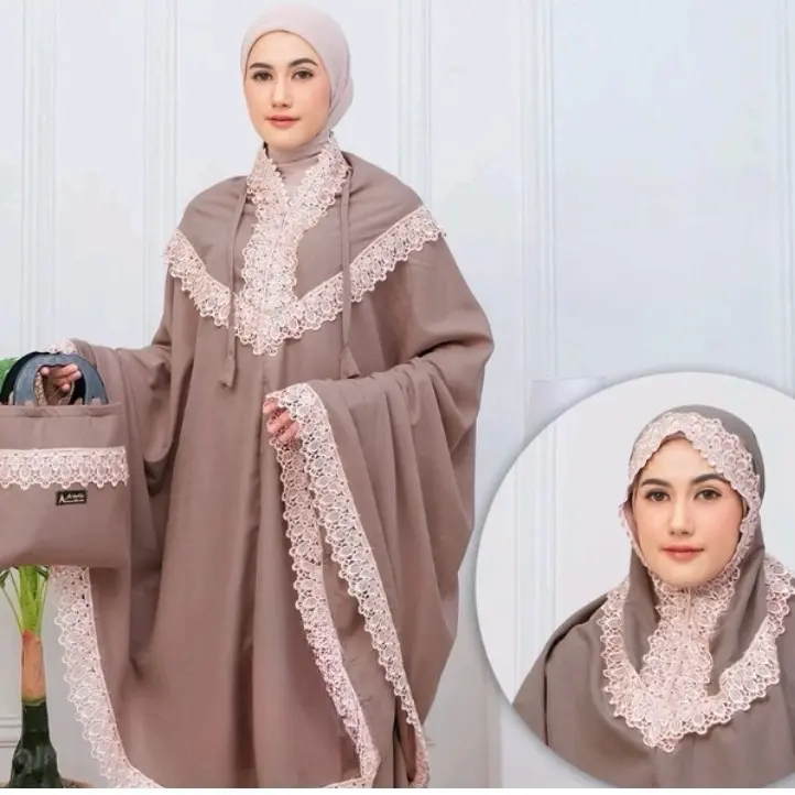 Mukenah Dewasa 2 in 1 Renda Kalung Free Tas+Sajadah Travelling Random | Muslim Wanita Cantik Bordir Rayon Katun Mewah Traveling Panjang