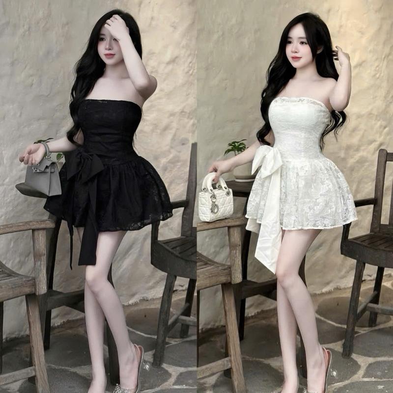 Đầm váy nữ ren hoa cúp ngực có mút đính nơ eo dáng xòe có lót quần sang chảnh dành cho các nàng diện đi tiệc, đi chơi