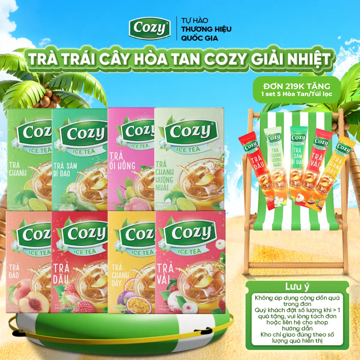 Trà Hòa Tan Cozy Các Vị Trái Cây Cozy Ice Tea, Trà Đào, Trà Chanh, Trà Vải, Trà Dâu, Trà Sâm Bí Đao, Trà Chanh Dây, Trà Ổi Hồng, Trà Chanh Hương Nhài, Trà Gừng, Trà Sữa Matcha Dừa, Trà Sữa Matcha Chuối, Trà Đào Không Đường Giải Khát, Thanh Nhiệt