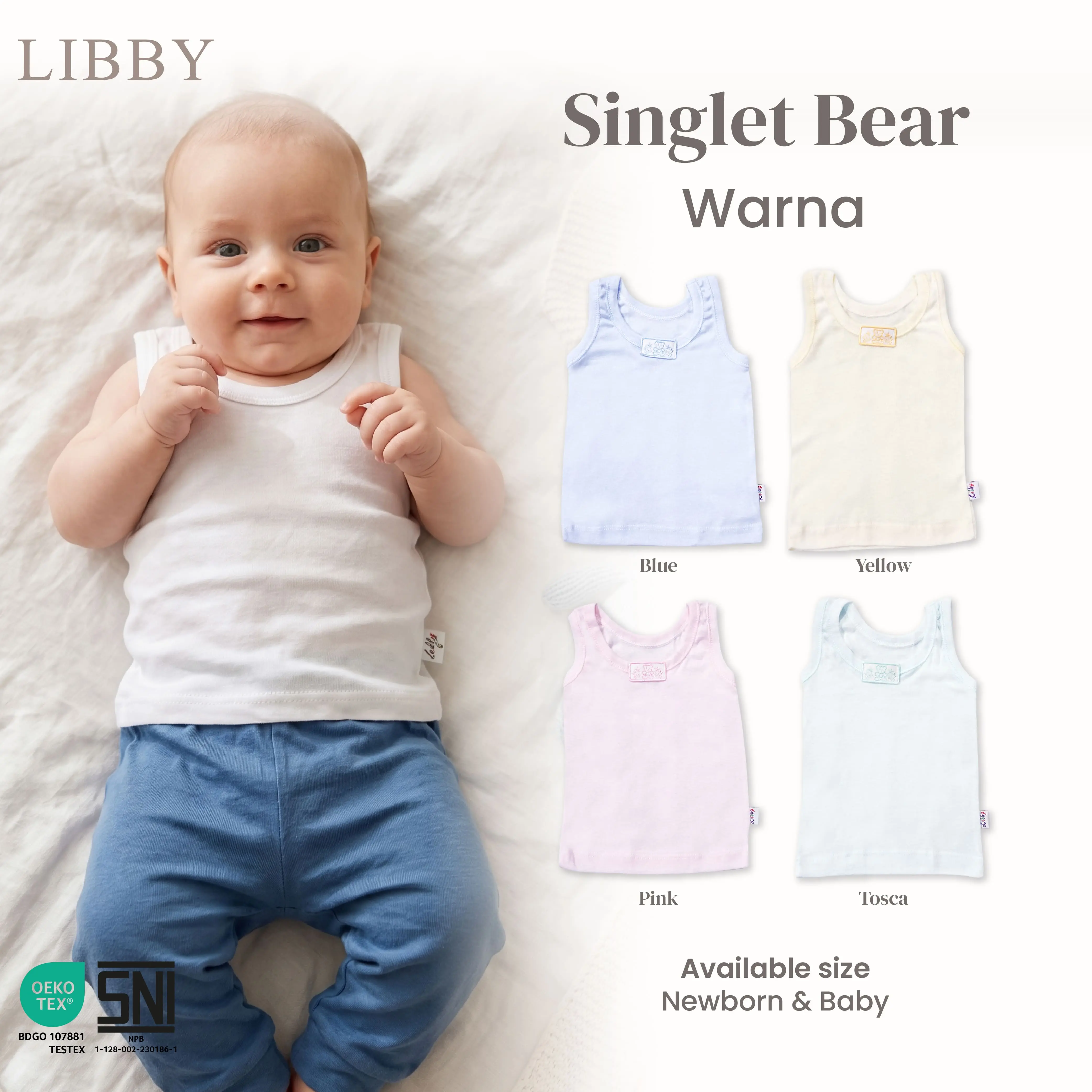 LIBBY Singlet Kaos Kutang Baby Bordir Bear  - Baby 0-6 bln (4pcs/pack)