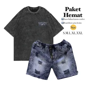SETELAN PRIA KAOA ACDC DAN CELANA JEANS MOTIF SOBEK CELANA PENDEK PRIA DEWASA KAOS WASHING OVERSIZE DISTRO