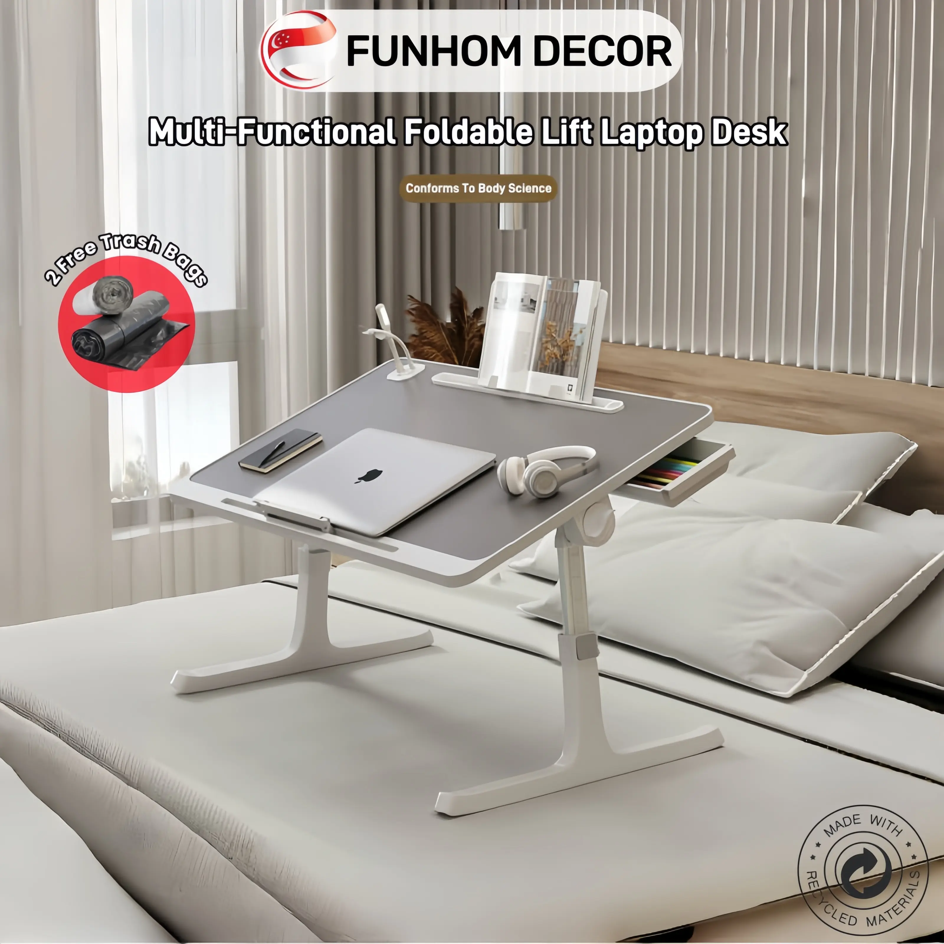 [SG Stock]Foldable Lift Table Laptop Desk For Bed Adjustable Notebook Stand Folding Portable Tablet Tray