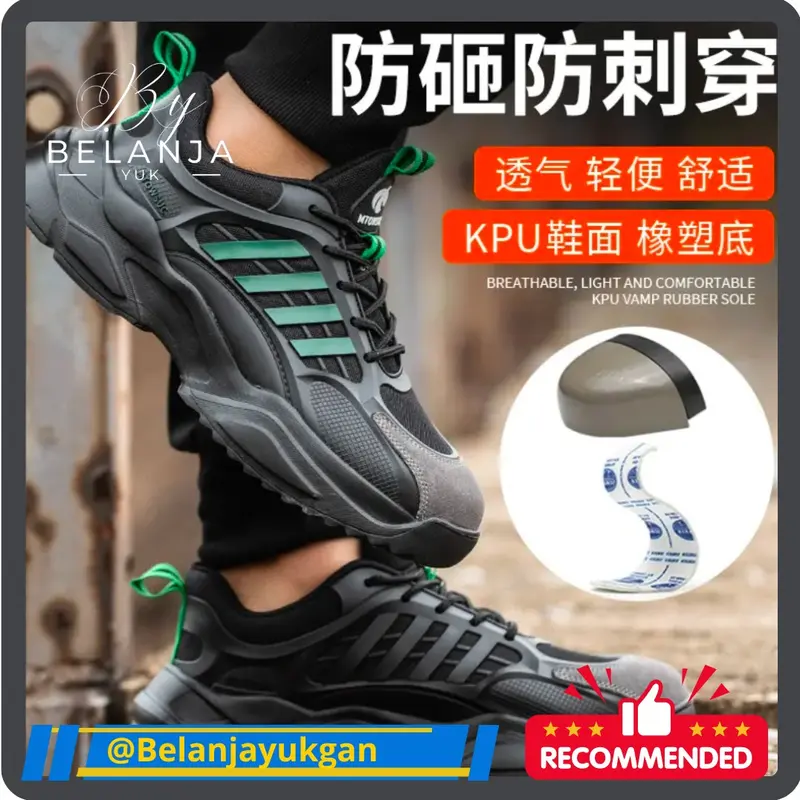 (By11) Sepatu Safety Pria Ujung Besi  Boots kerja Lapangan Shoes Hitam Hijau 0