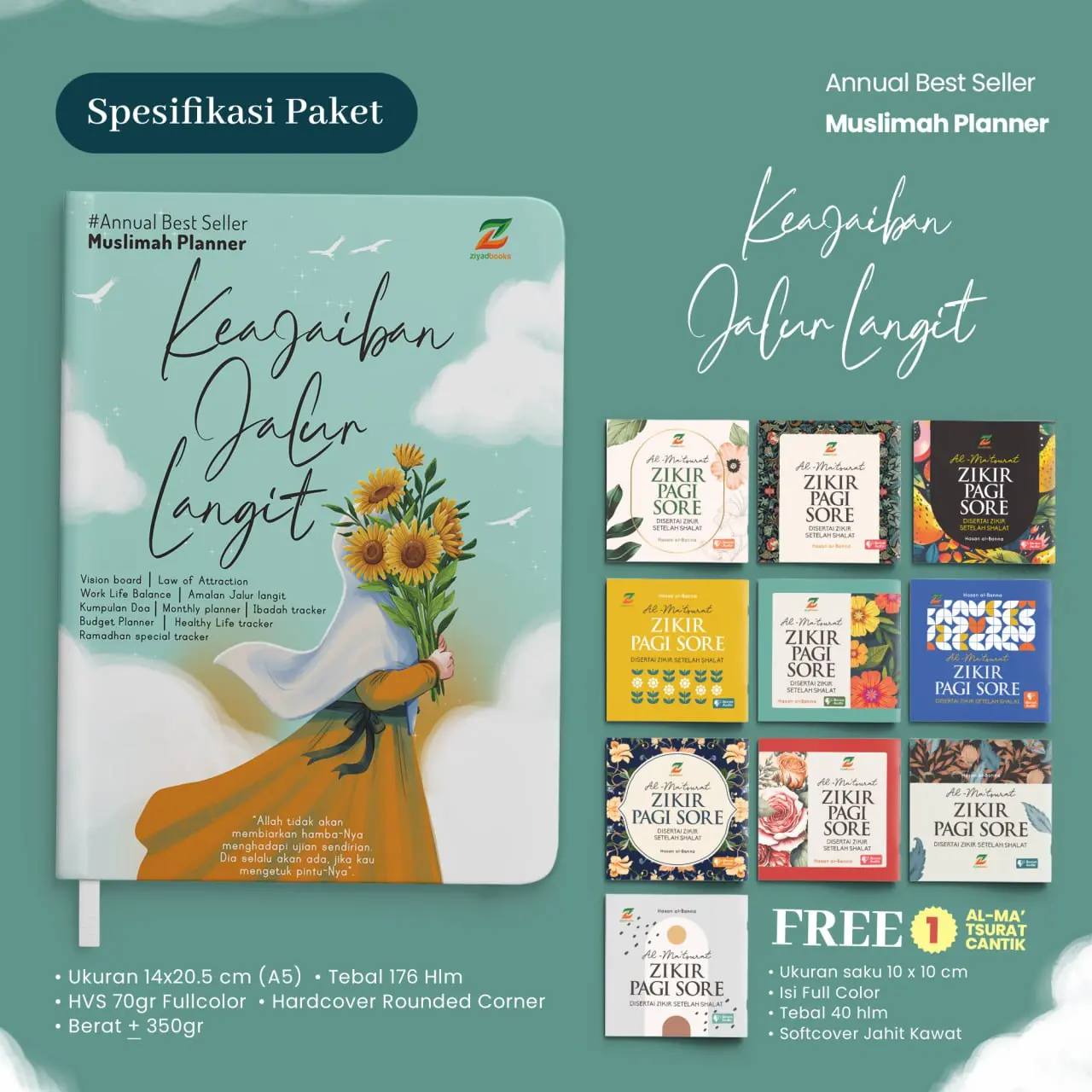buku  keajaiban jalur langit daily muslimah planner 2024 2025 2026 self improvement / the power of journal book jurnal bonus 1 al matsurat dzikir pagi petang sofcover beserta artiannya dari al Qur'an souvenir pernikahan ultah murah aesthet  - ziyadbooks