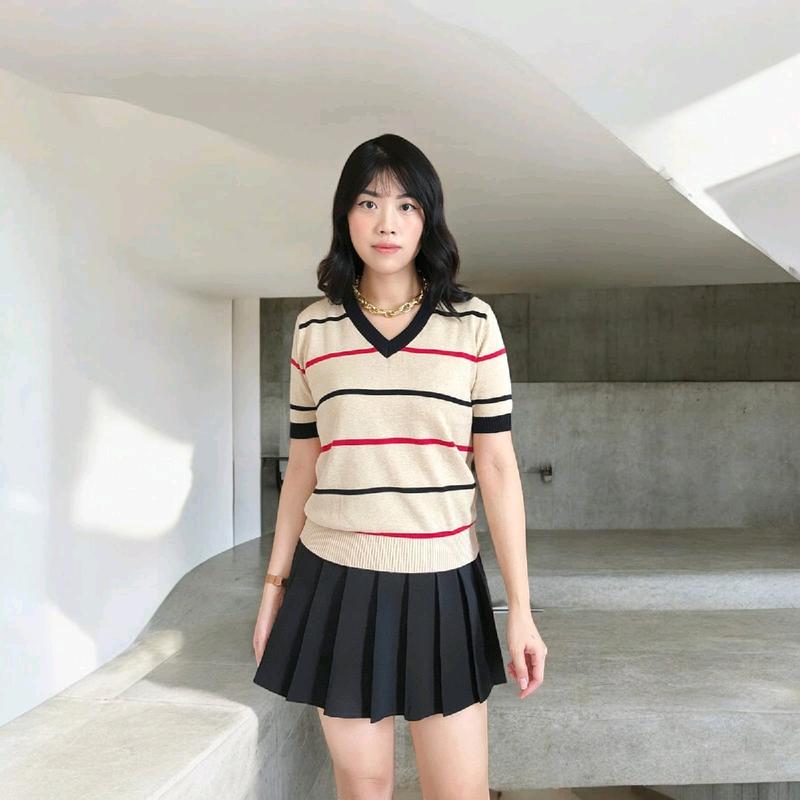 [Mikicloth] Tanny Stripe V Shortsleeve Knit Top | Atasan Blouse Kaos Rajut Wanita Motif Salur Lengan Pendek Korean Style S M L Terbaru Kekinian 2023 5