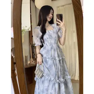 1211 dress biru princess midi dress terbaru 2025 korean style Elegant lengan pendek dress wanita kekinian lengan balon fairy dress