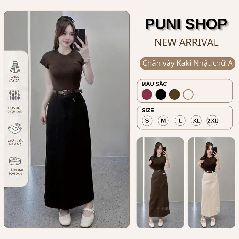 Chân Váy Chữ A KaKi Nhật L1 Công Sở Cạp Cao Dáng Dài 86cm Mềm Co Giãn, Xẻ Tà