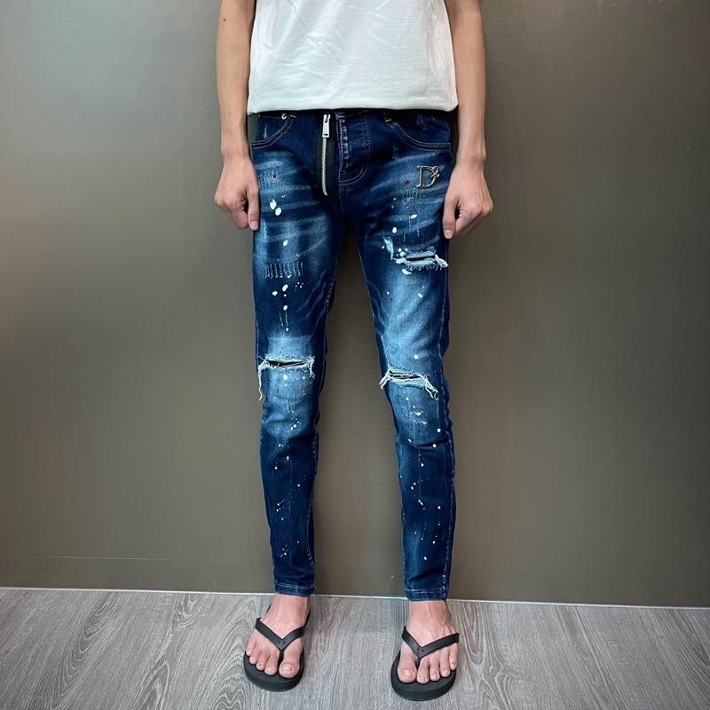 Quần jean nam xanh đậm vảy sơn 3 màu rách xù râu tôm nhỏ mix khoá hở logoo d2 gim host news 2025 mã dc64