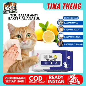 Tina Theng Tisu Basah Hewan Pet Wipes 80 Series Fresh Lemon Scent 50 Sheets Anti Bakterial & Moisturizer untuk Bulu Kucing & Anjing Formula Baru Light Lemon Scent