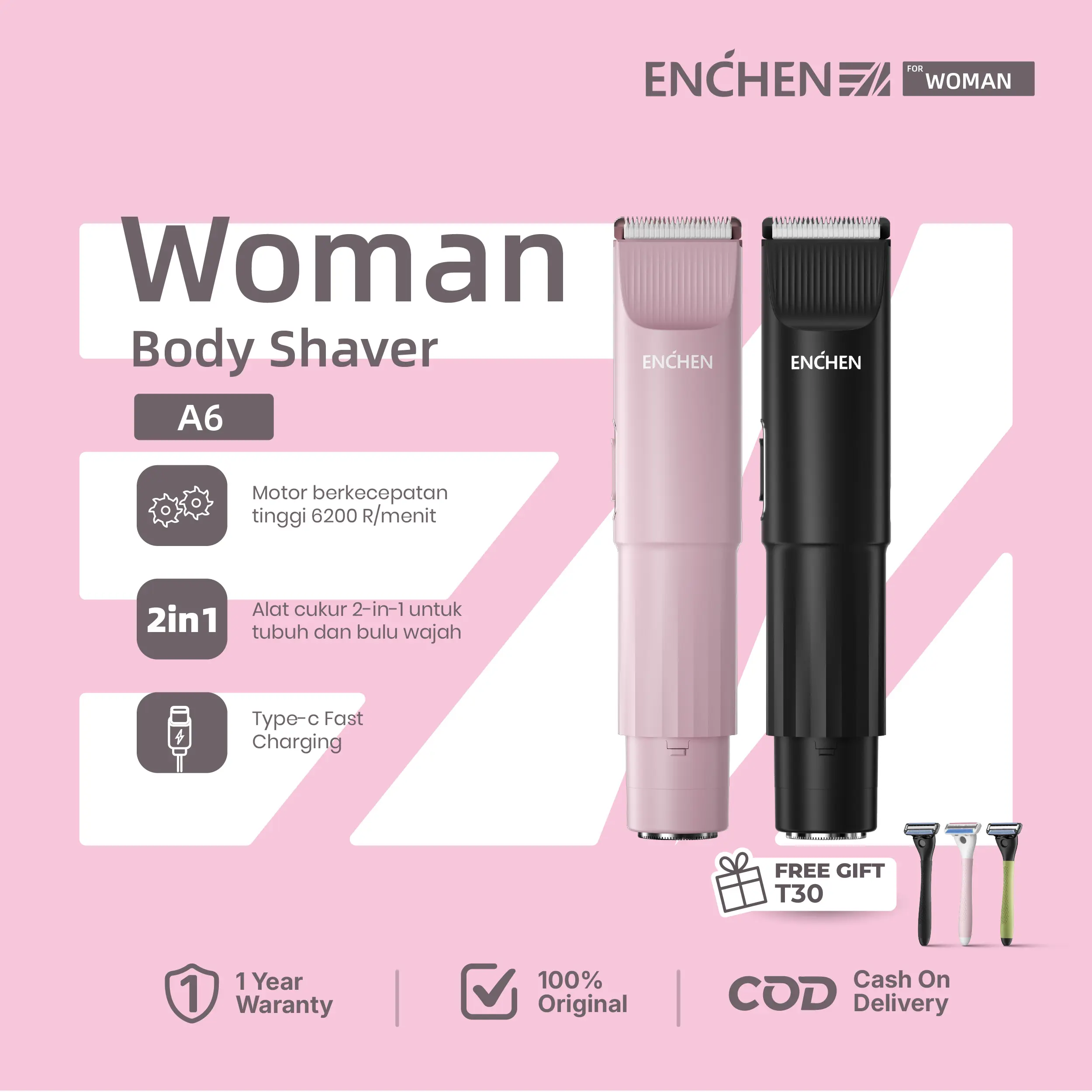 ENCHEN A6 Alat Cukur Rambut Elektrik Trimmer Shaver Pencukur Bulu Wanita 2in1 Body Ketiak Epilator