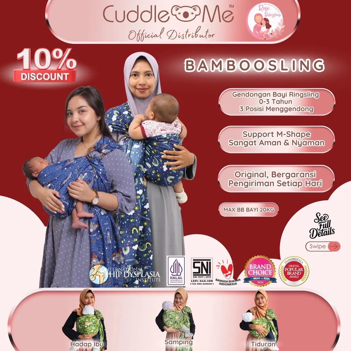 Bamboo Sling Cuddleme Gendongan Samping Bayi Baru Lahir Balita Gendong
