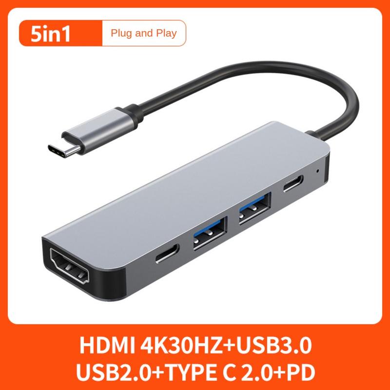 Đài docking Type‑C 5 trong 1 với HDMI 4K, USB 3.0, hỗ trợ truyền dữ liệu Type‑C và sạc nhanh PD; hub USB‑C đa cổng cho laptop, Macbook, điện thoại di động, máy tính bảng và Switch; dock mở rộng màn hình USB‑C