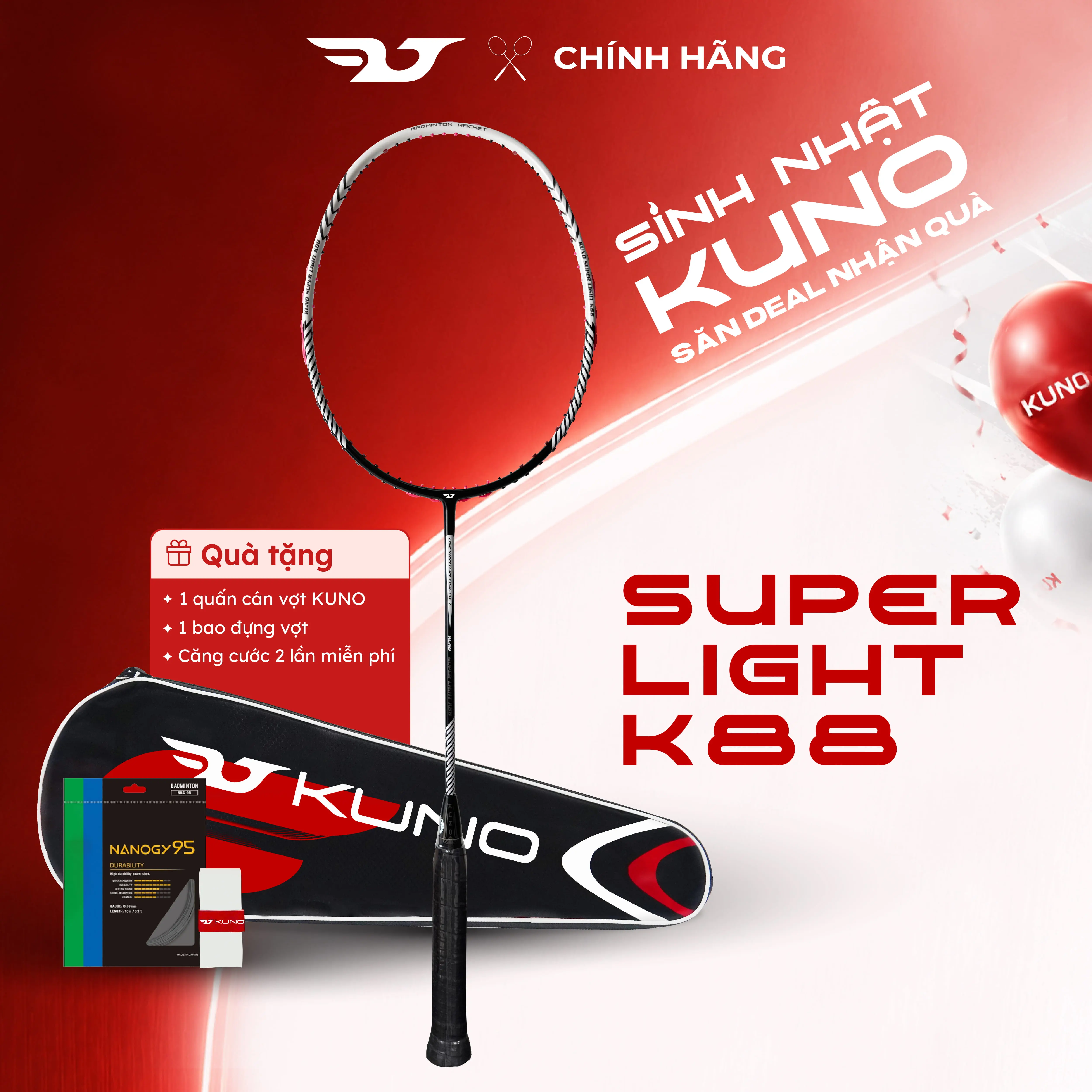 Vợt Cầu Lông KUNO Super Light K88SP Full Cacbon Trọng Lượng 6U Thân Dẻo, Công Thủ Toàn Diện, Căng Sẵn 10.5kg, Tặng 1 Quấn Cán, 1 Bao Vợt, 1 Lần Căng Cước Sport