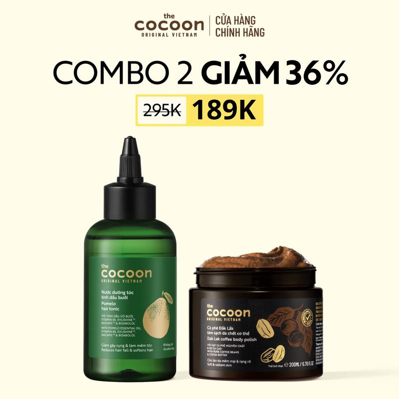 COMBO 1 Nước dưỡng tóc tinh dầu bưởi Cocoon 140ml + 1 Hũ Cà phê Đắk Lắk làm sạch da chết cơ thể 200ml