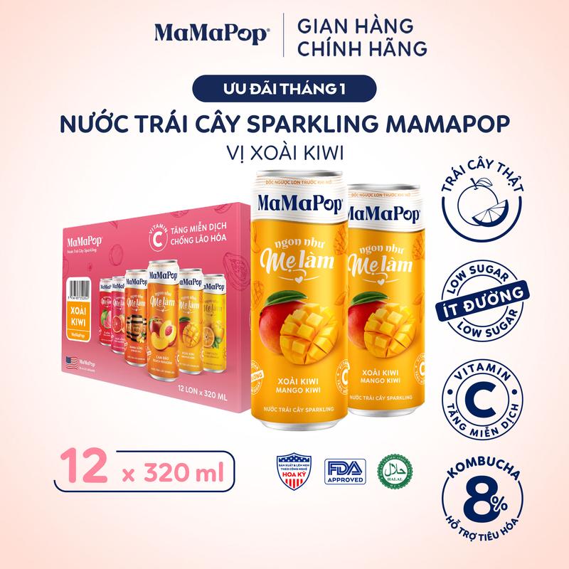 Mamapop thùng 12 lon nước trái cây sparkling vị Xoài Kiwi 320ml - Kết hợp với trái cây tự nhiên giàu Vitamin C