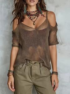 Top de mujer elegante con ajuste holgado y malla transparente, estilo de hombros descubiertos, moda veraniega estilosa, diseño ligero y transpirable, perfecto para uso casual