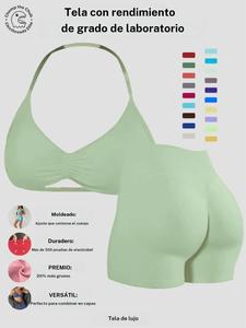Conjunto de dos piezas para mujer: top halter de color sólido y shorts de cintura alta, deportivo, transpirable y de secado rápido para yoga, gimnasio, entrenamiento y correr