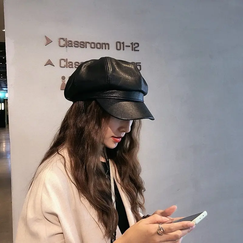 Mũ Bát Giác, Da PU, Thiết Kế Đơn Giản, Phong Cách Trơn Thời Trang, Dành Cho Nam Và Nữ Da Đen, Phong Cách Hàn Quốc, Kiểu Mũ Vịt