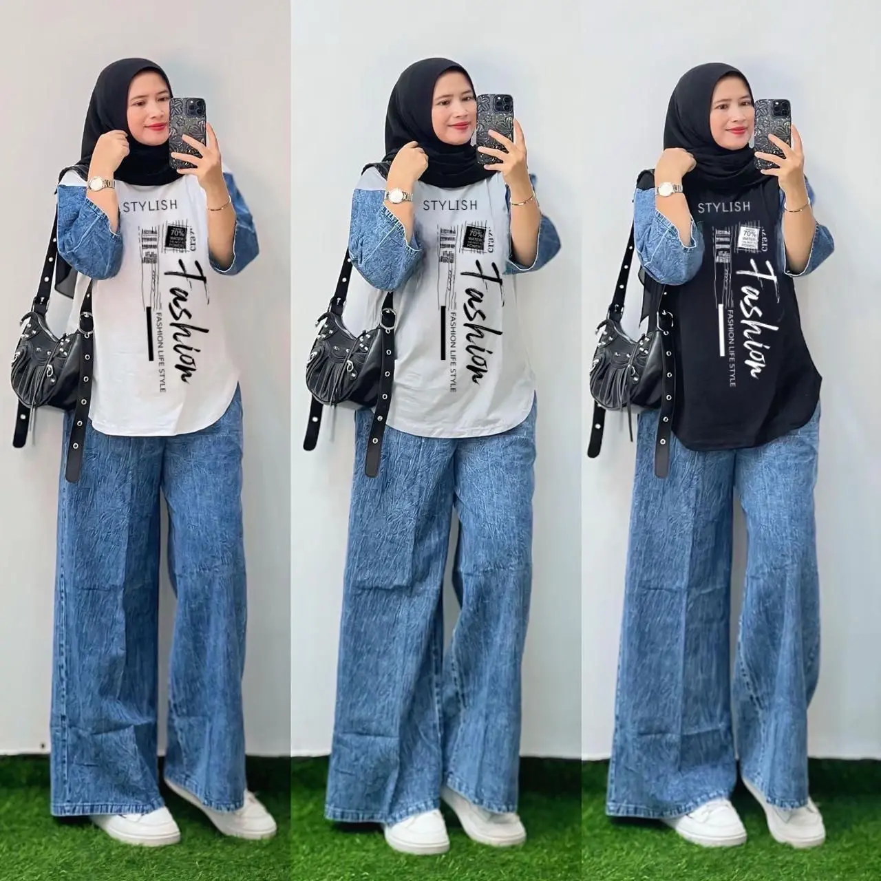Setelan Cargo Jeans mix Kaos Wanita premium
