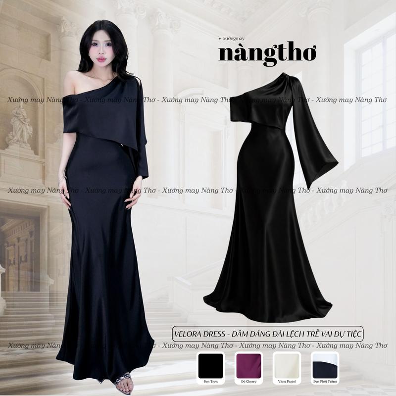 394 Velora Dress - Đầm Lụa Dáng Dài Lệch Vai Dự Tiệc Sang Chảnh Chất Lụa Tô Châu