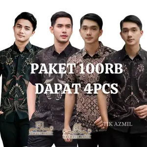 Paket Batik Pria 100rb dapet 4 pcs Batik Pria Lengan Pendek Keratonan Katun Printing Baju Kancing