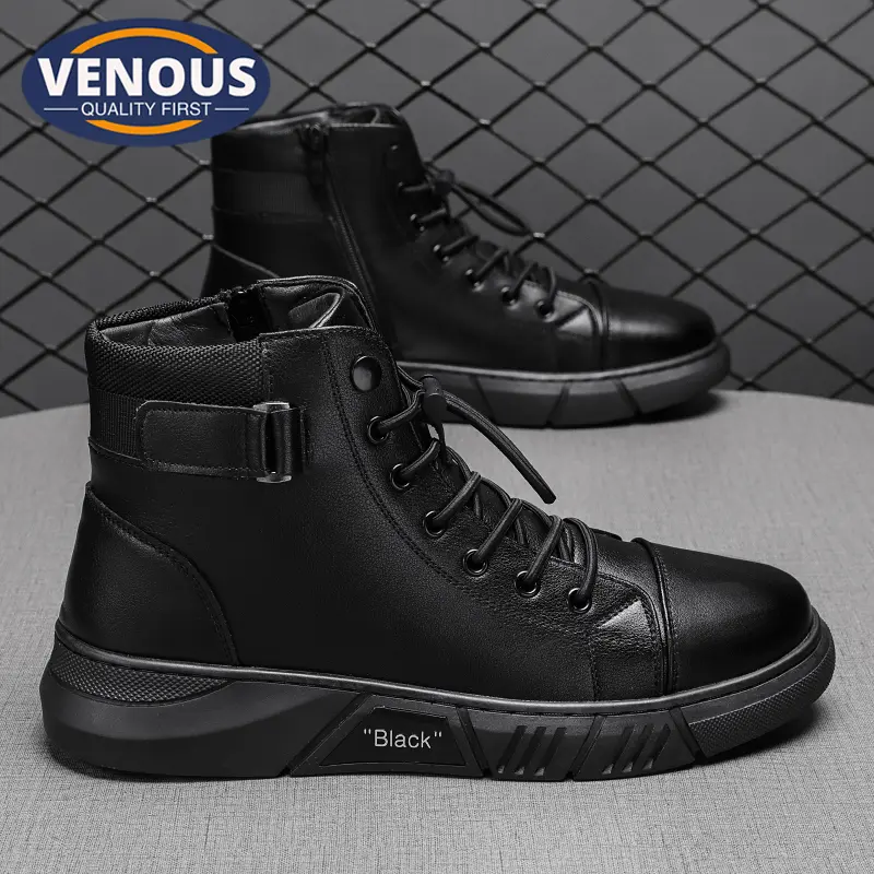 【Venous】2024 New Kasut Kulit Lelaki Black Leather Shoes for Men Sale Original Casual Middle Top Boots Shoes for Men High Quality Korean Style Fashion Men's Shoes