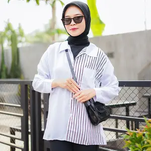 KIRANA Stripe Combine Kemeja Jumbo Wanita Kombinasi Salur Korean Style Baju Atasan Panjang Casual