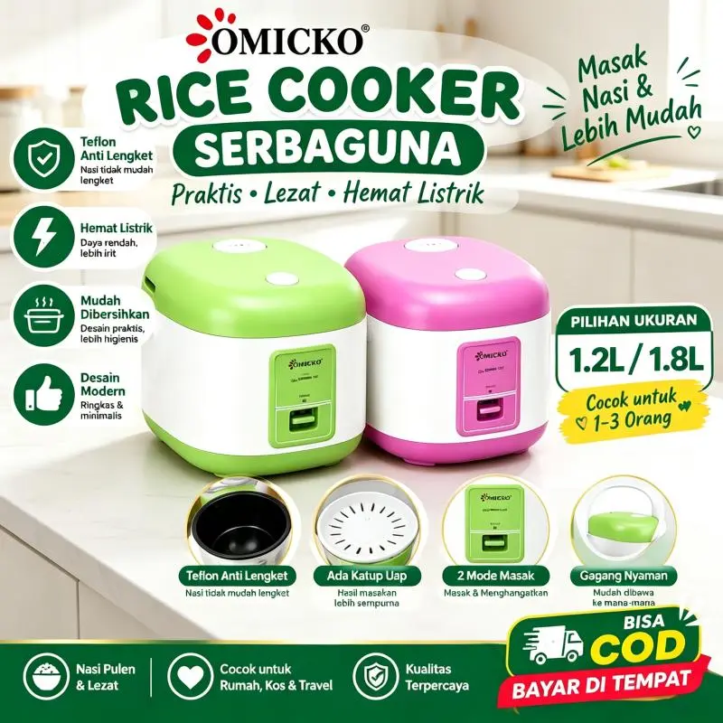 OMICKO Rice Cooker 1.2L 1.8L Teflon Anti Lengket 3in1 Serbaguna Magic Com Nasi Pulen Untuk Rumah Tangga COD