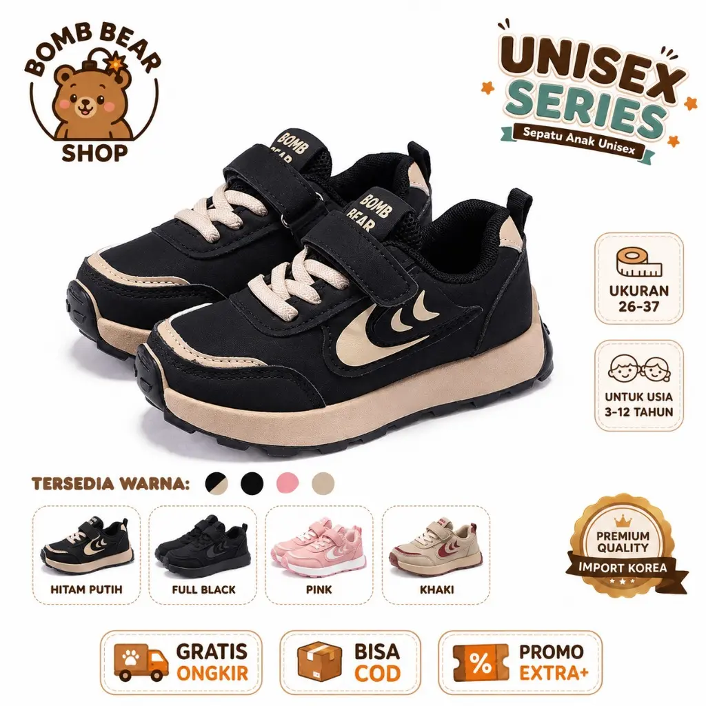 BOMB BEAR STYLE GUNCANG 8.8   YNSS-2208 Sepatu Sekolah Anak Fashion Sneakers Bahan Strap Velcro Kulit Sintesis Premium Nyaman Lentur Ringan Desain Ergonomis untuk Aktivitas Aktif Si Kecil Warna All Black Khaki Pink Black Size 26-37