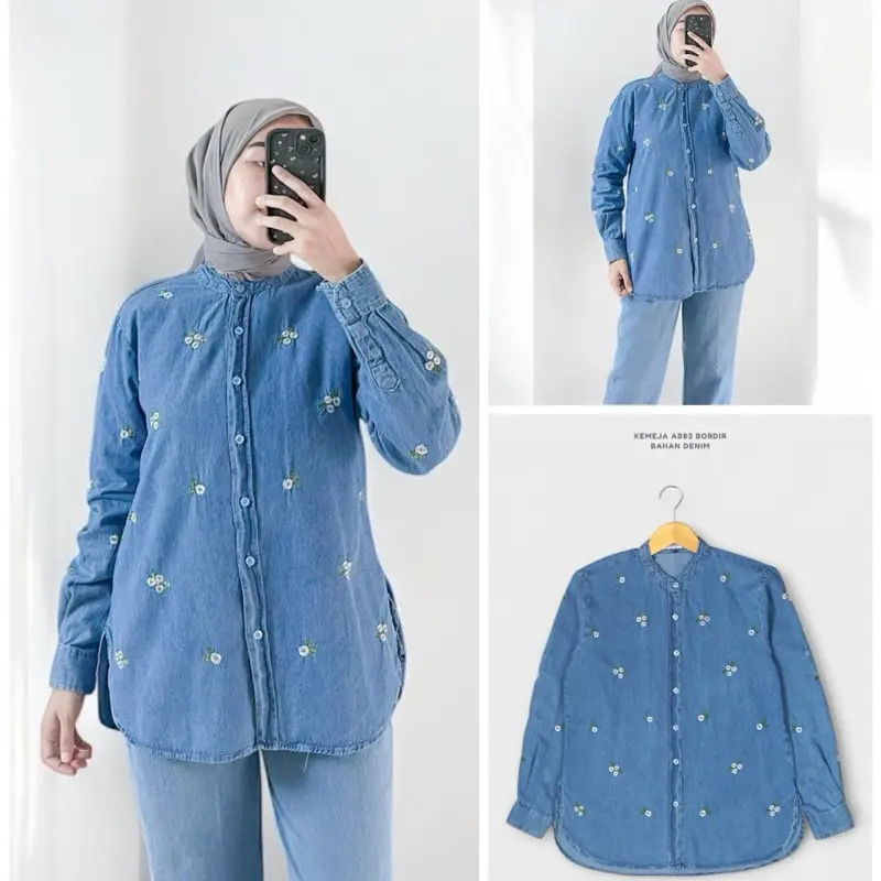 Anyostore AB83 Atasan Kemeja Denim Wanita Bordir B