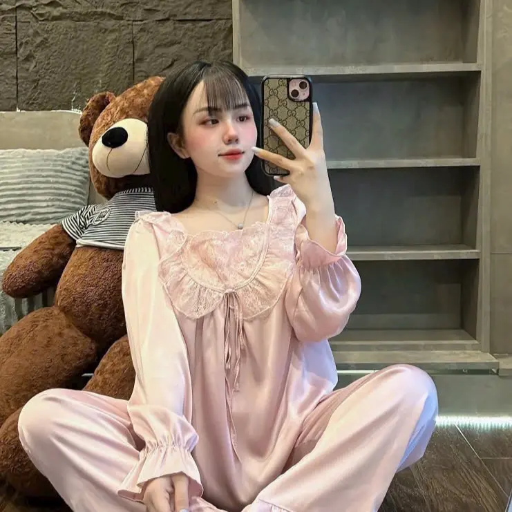 Bộ ngủ tiểu thư phối voan babydoll Tay dài - Quần dài cho nữ từ 40-60kg 3