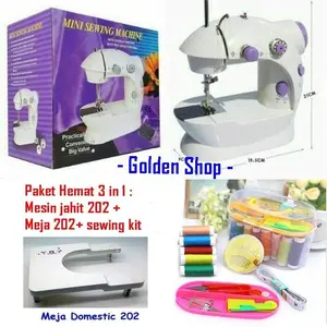 PROMO PAKET KOMPLIT 4IN1 LENGKAP MESIN JAHIT MINI TIPE 202 FREE MEJA - SEWING KIT Jarum Kain