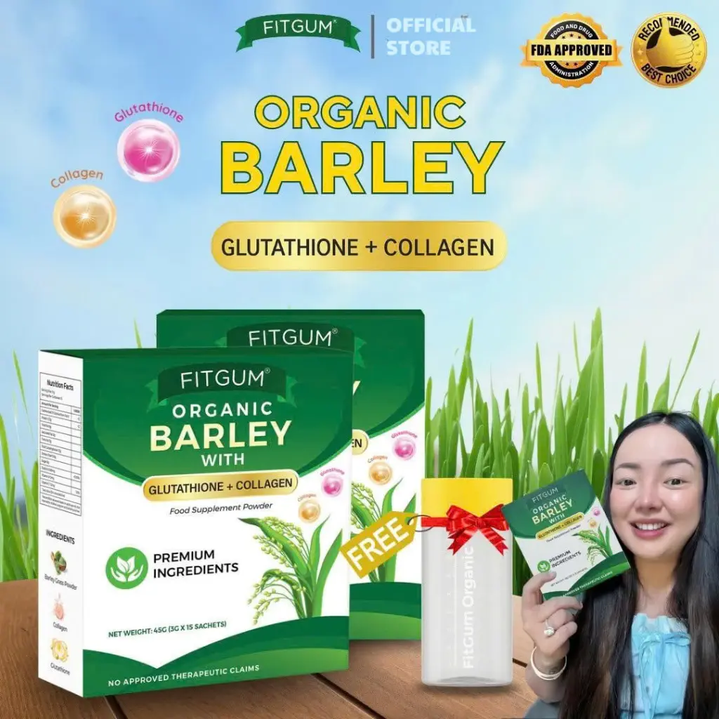 barley glutathione Fitgum Organic is a 3-in-1 super green powder that combines barley grass, glutathione, and marine collagen. Available in convenient single-serve sachets, this beauty and wellness drink supports FitGum Organic Barley Powder Drink