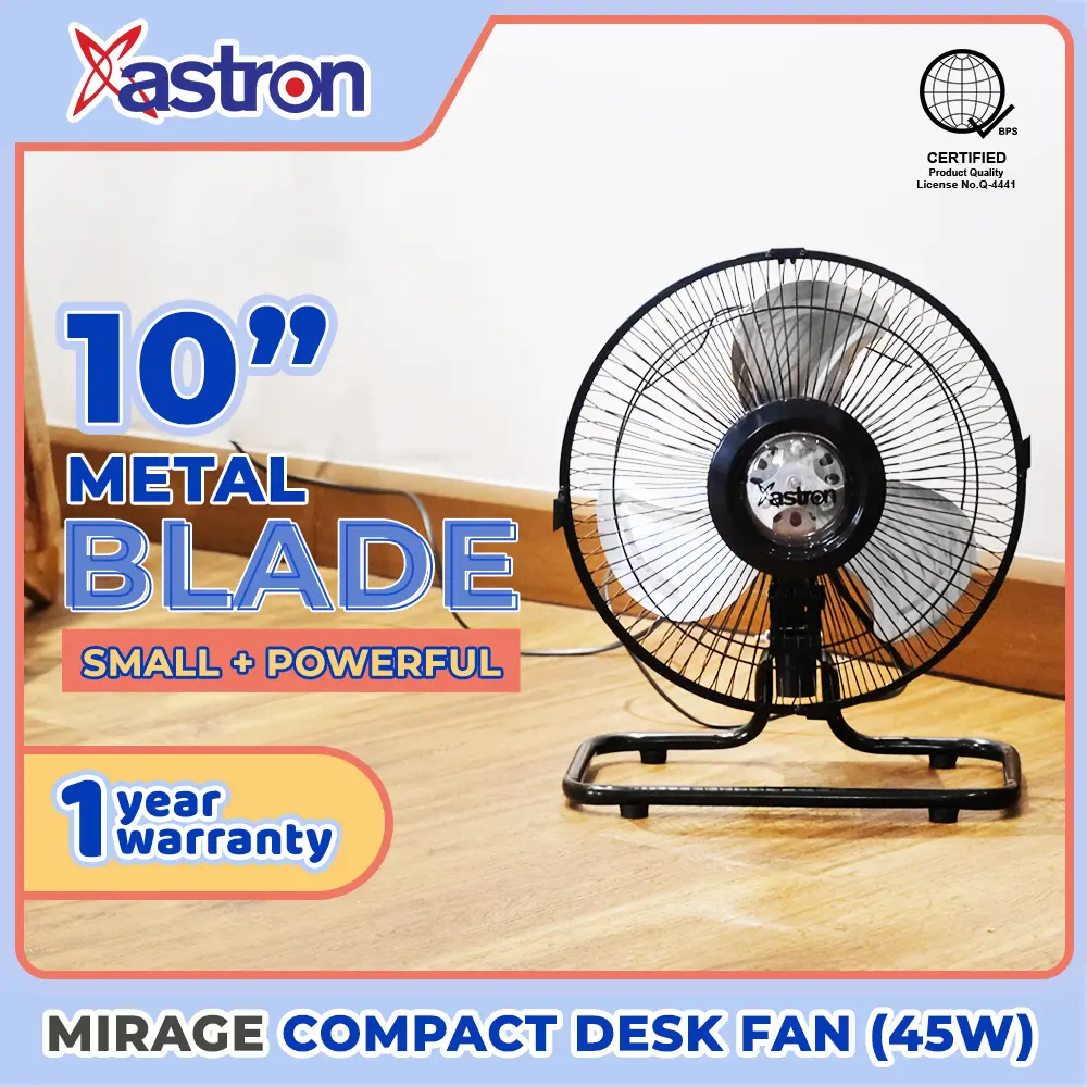 Astron MIRAGE 10" Industrial Floor Fan (45W) (Metal Blade) (Black) | Electric Fan | Compact Design