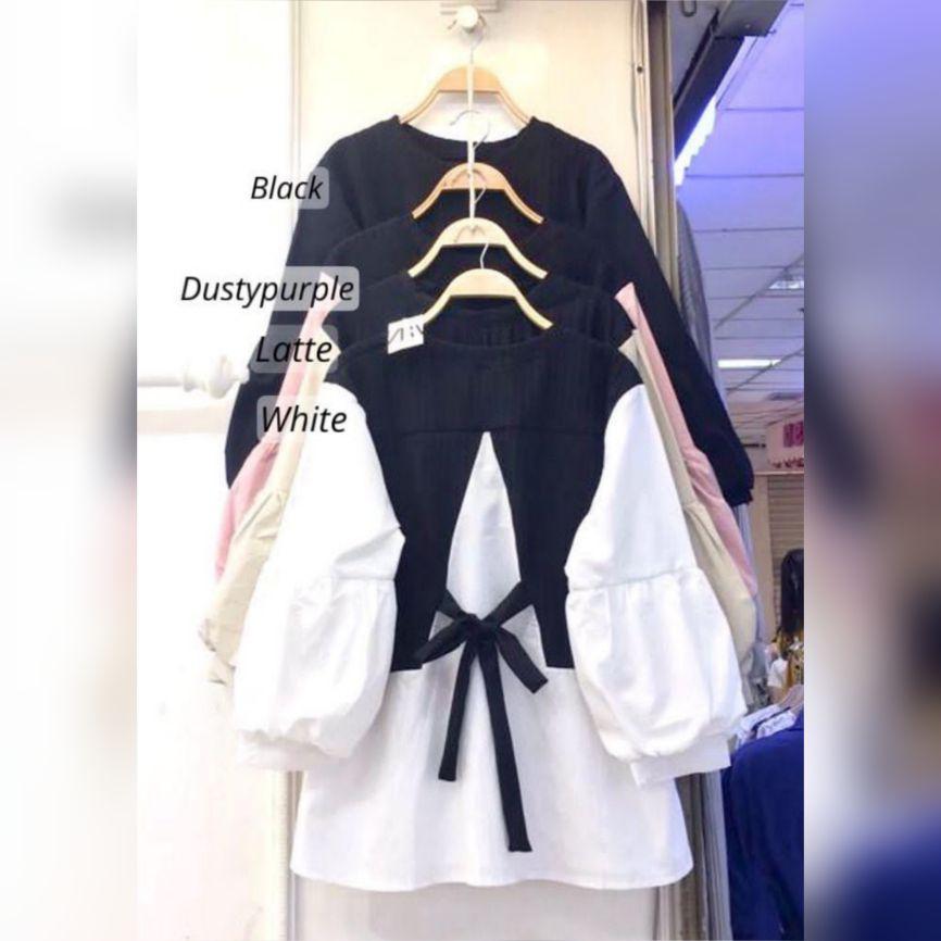 [parveen id] GYANI BLOUSE Kemeja Wanita Kombinasi Knit & Crepe LD 110 Lengan Puffy Balon - Atasan Blouse Modest Korea Style