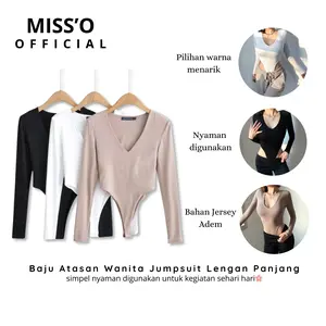Misso Kode BJ1859 Baju Atasan Wanita Jumpsuit Lengan Panjang Leher V Bodysuit FitBody Fashion Polos Celana