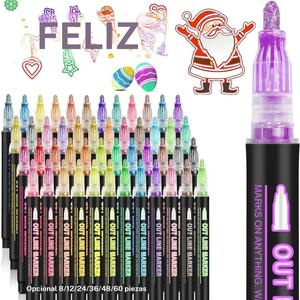 Pluma de Contorno de Doble Línea, 8/12/24/36/48/60 Colores Plumón Metálico, Pluma de Dibujo y Escritura con Brillo que Se Auto-Contornea para Hacer Tarjetas de Felicitación, Manualidades Artísticas DIY, Regalo del Día de San Valentín