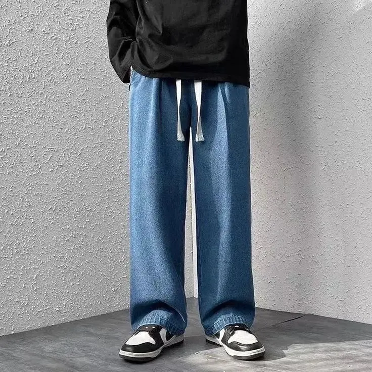 Celana jeans pria warna Dark Blue jeans pinggang karet Celana kulot pria oversize loose pants jeans serut panjang denim straight