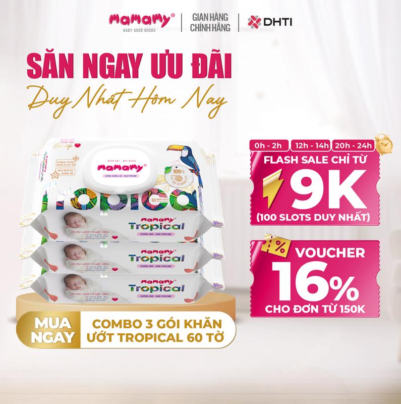 [FS] Combo 3 gói khăn ướt Mamamy Tropical 60 tờ không mùi cao cấp chính hãng cho mẹ và bé, sợi vải thuần tự nhiên và rayon, x2 chất chống hăm, bổ sung tinh chất thiên nhiên