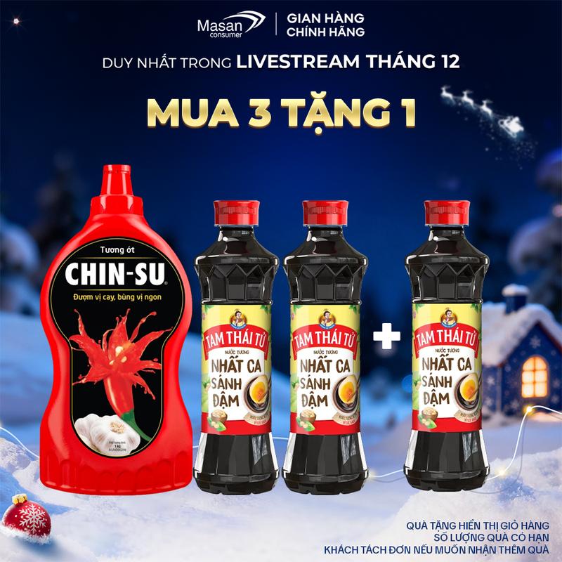 Combo gồm 1 tương ớt CHIN-SU 1KG và 2 Nước tương Tam Thái Tử Nhất Ca Sánh Đậm 500ml