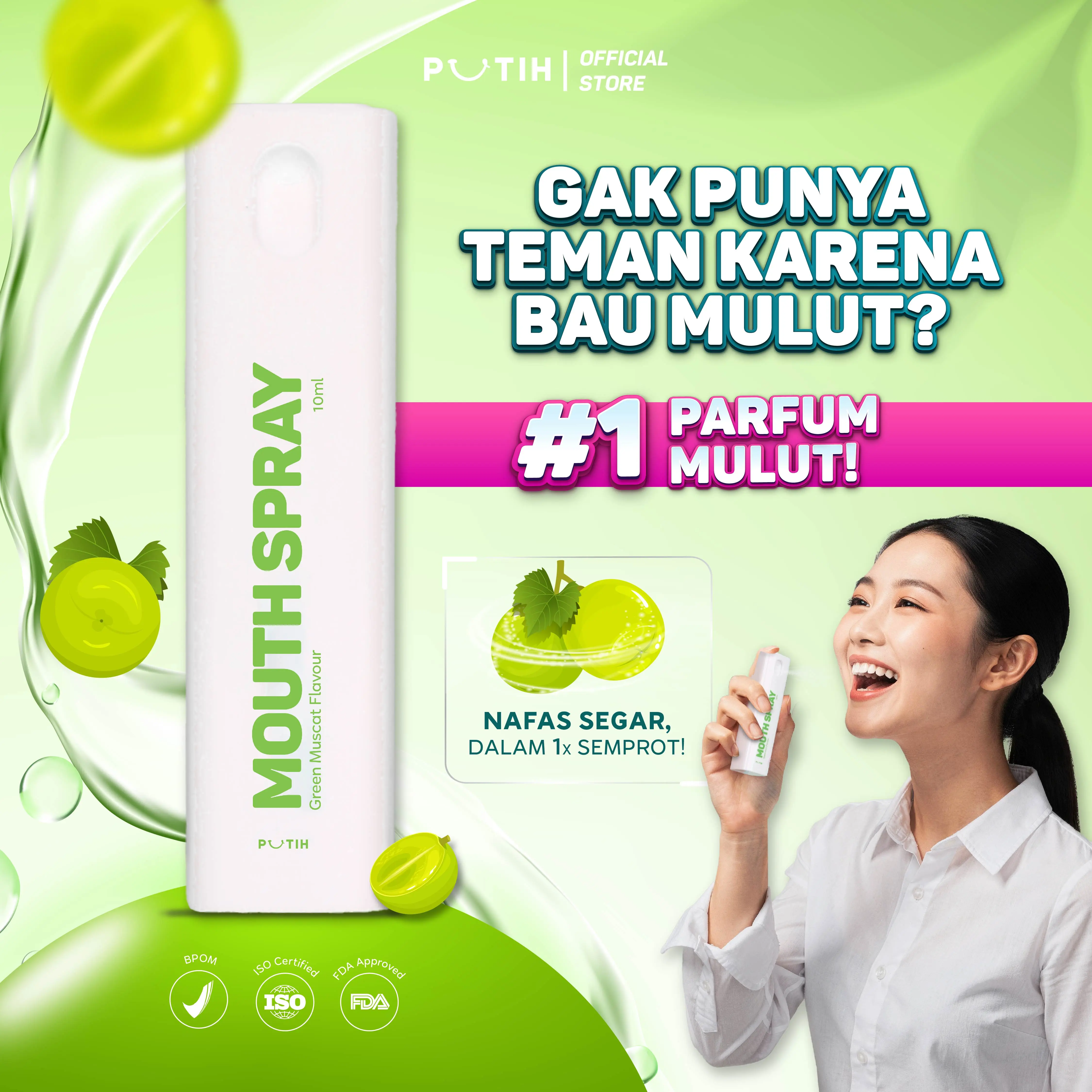 PUTIH Mouth Spray Green Grape Muscat Parfum Mulut Wangi Tahan Lama Cukup 1x Semprot Bau Mulut Hilang dan Nafas Wangi BPOM